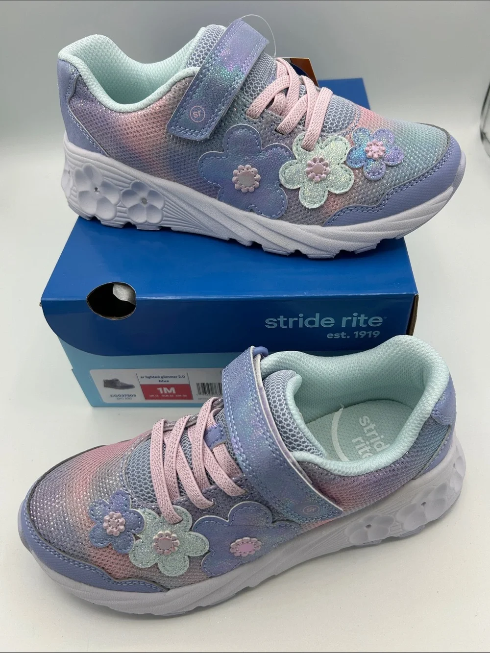 Stride Rite Girls' Pastel Purple and Pink Floral Light-Up Sneakers 1M width